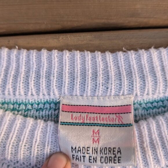 Vintage Lady Foot Locker Green and White Knit Crewneck Made in Korea Size Medium - Picture 5 of 8
